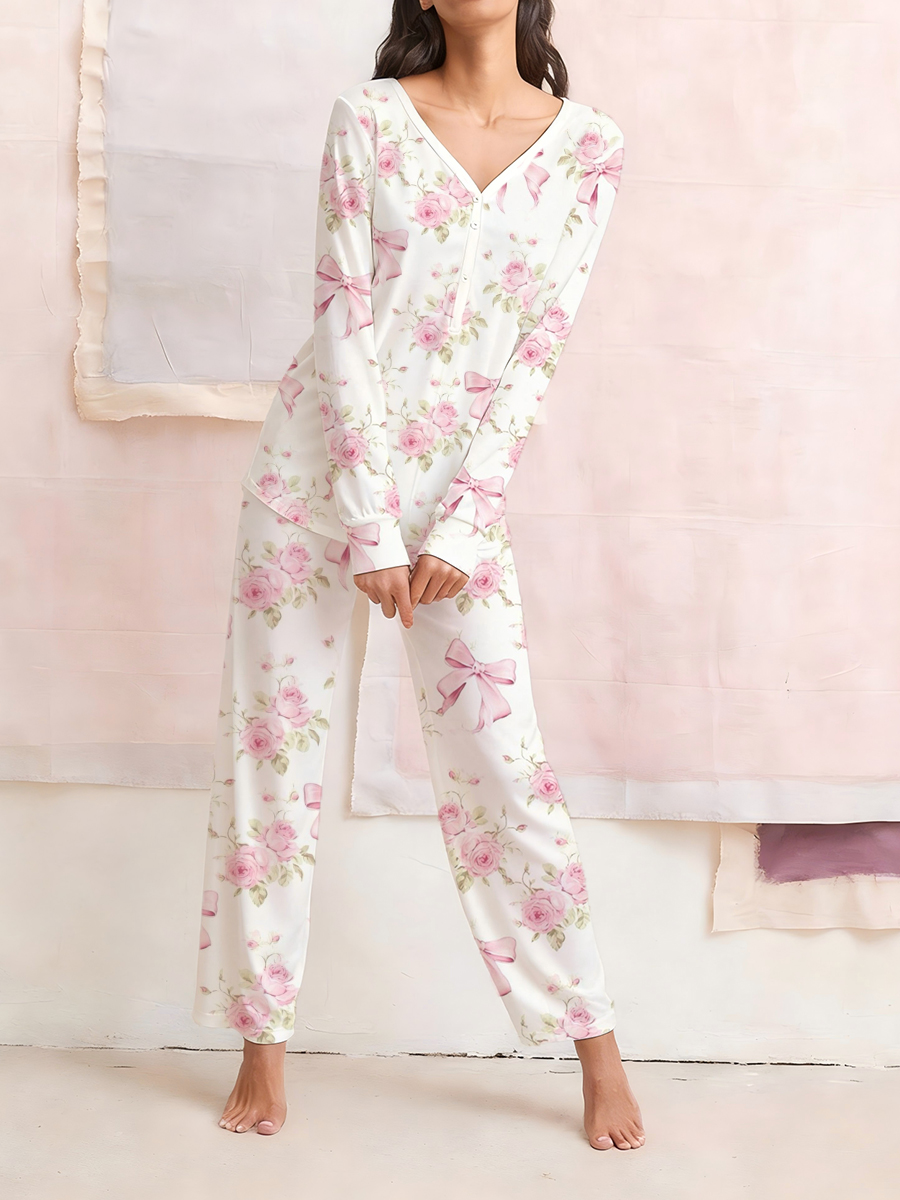 Colordate Women's Floral Print Long Sleeve Cotton Homewear Set