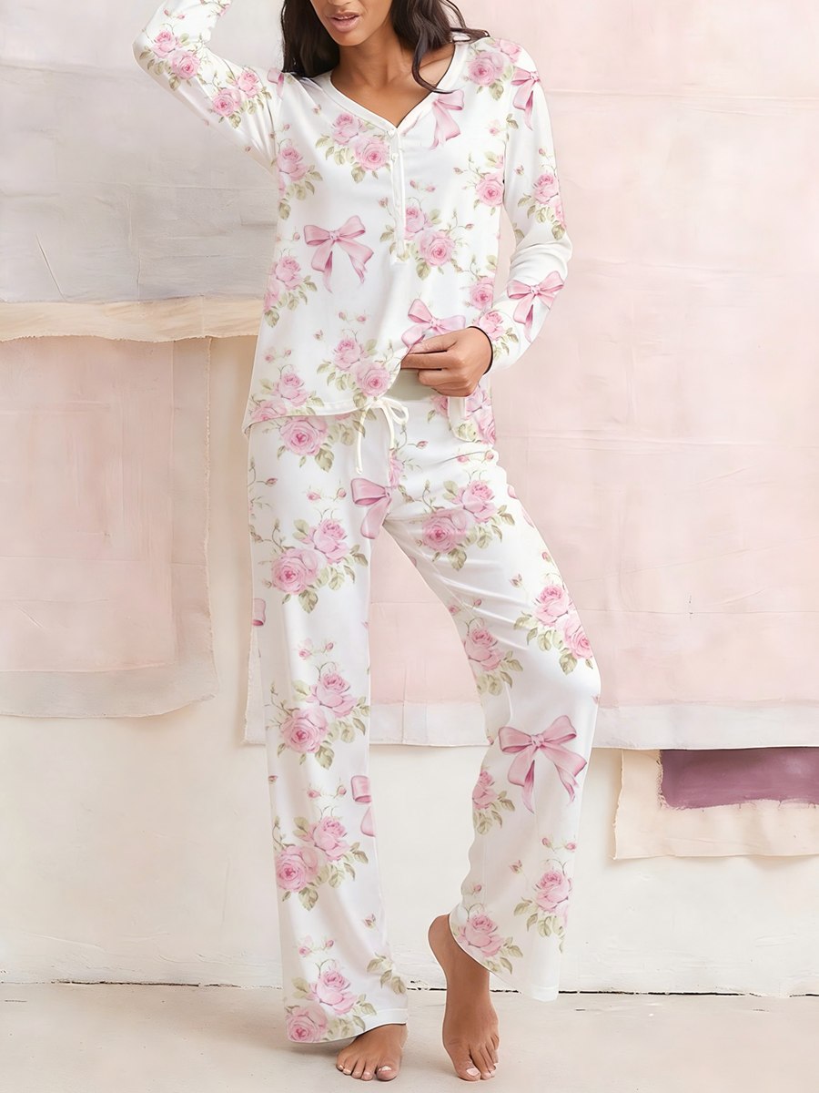 Colordate Women's Floral Print Long Sleeve Cotton Homewear Set