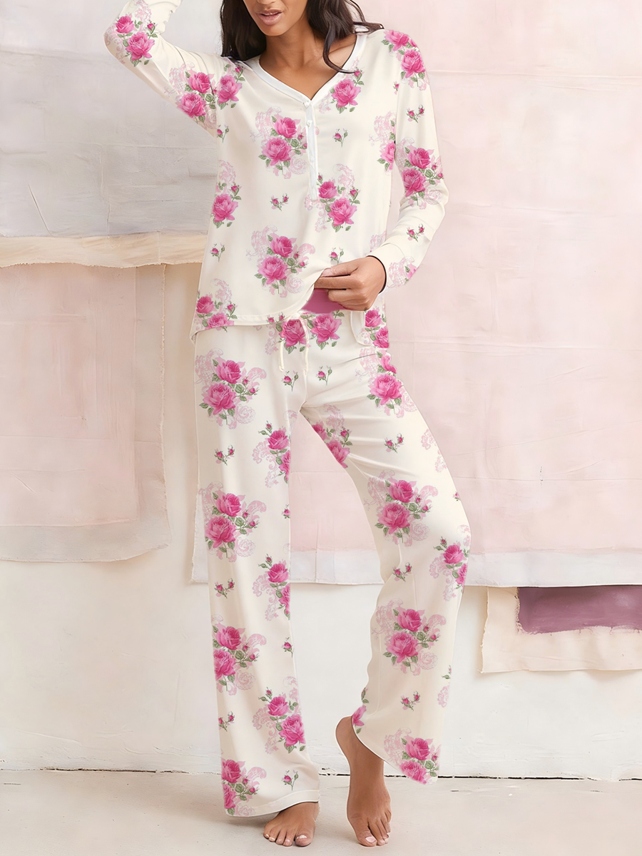 Colordate Women's Colorful Print Long Sleeve Cotton Homewear Set