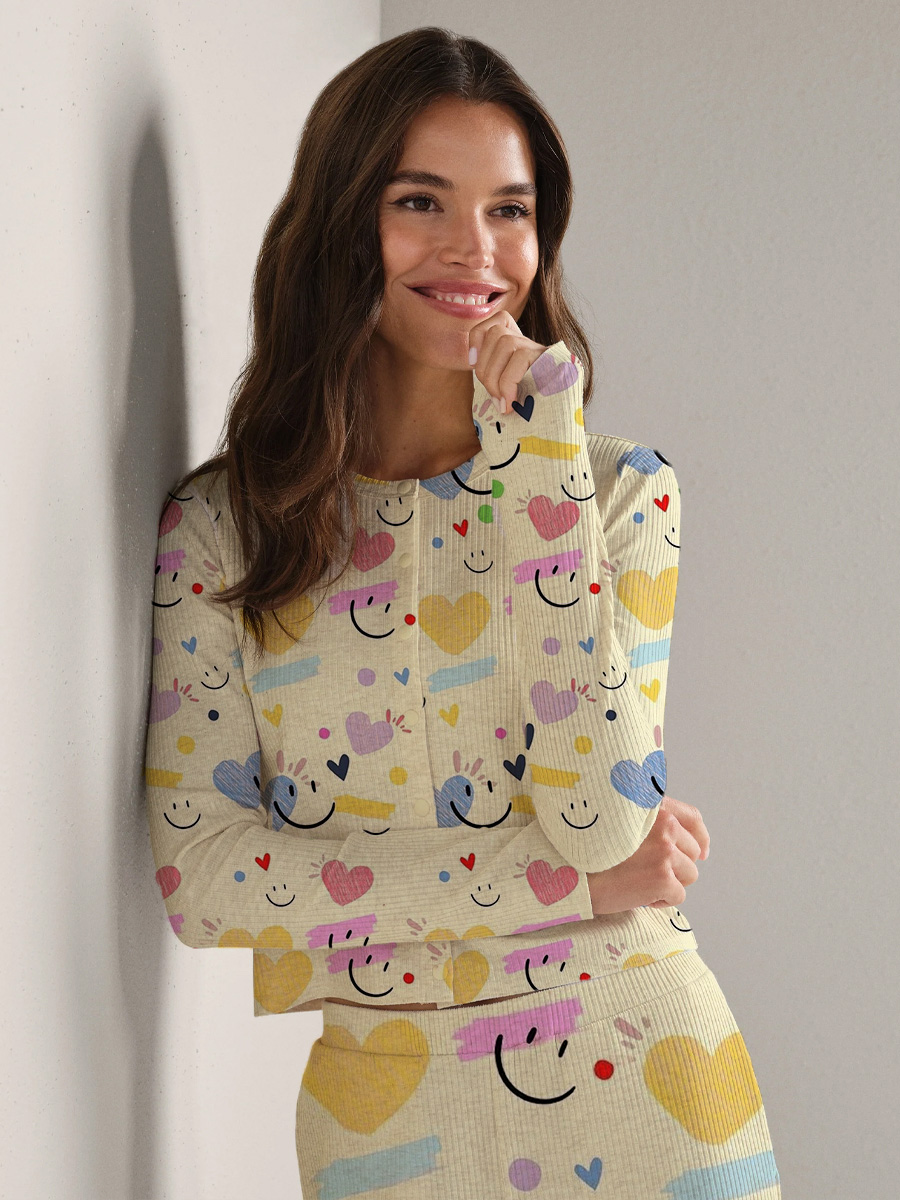 Colordate Women's Smiley & Heart Pattern Long Sleeve Suit