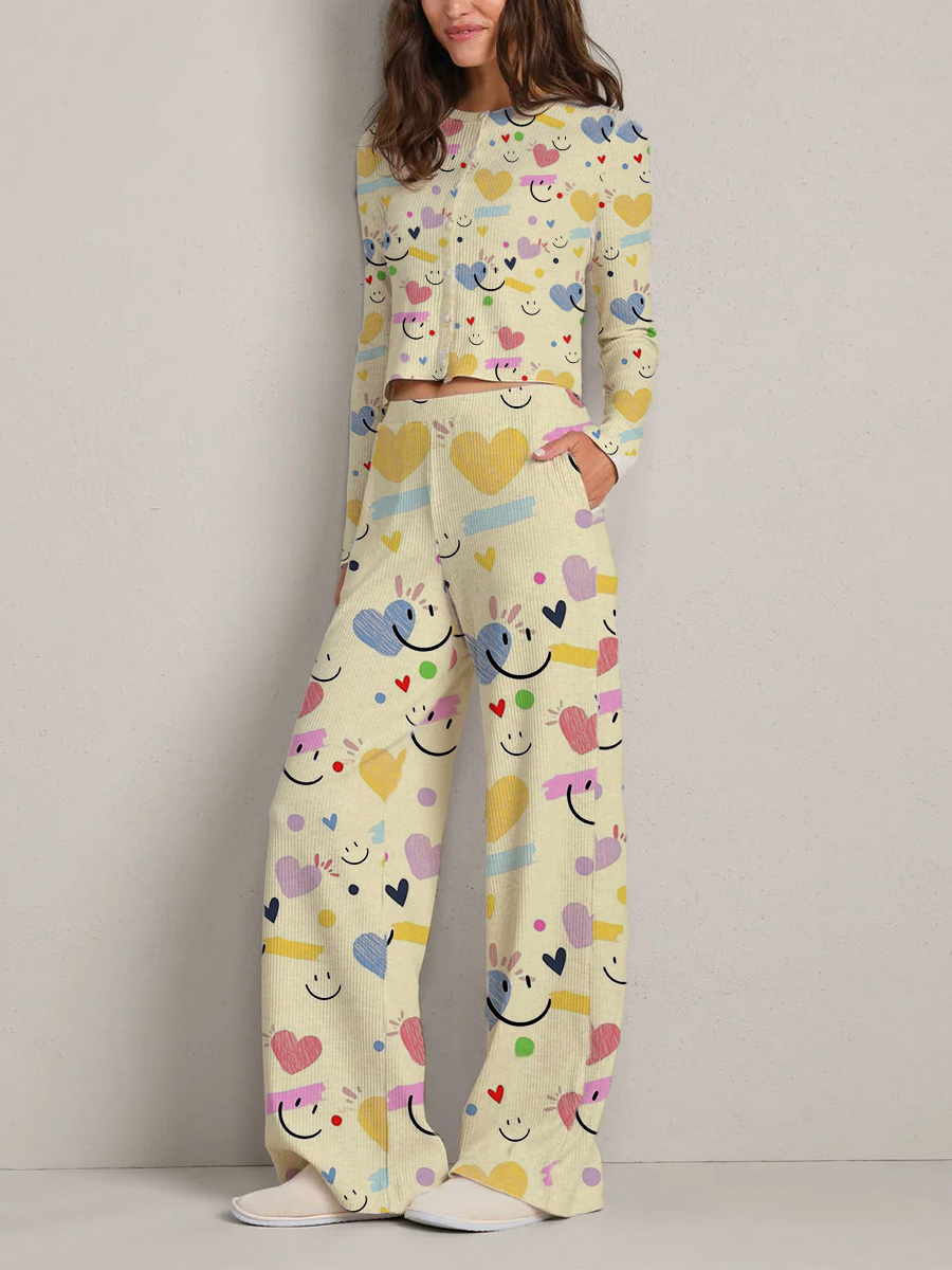 Colordate Women's Smiley & Heart Pattern Long Sleeve Suit