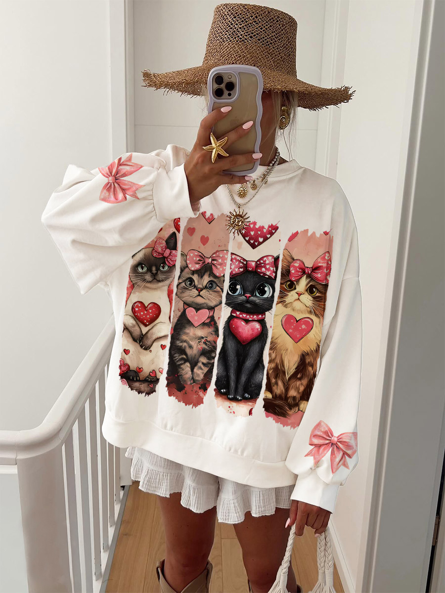 Women's Valentine's Day Cute Cat Print Casual Sweatshirt