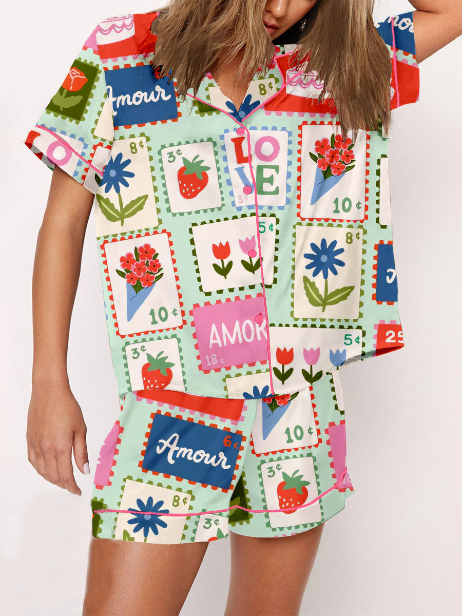 Women's Valentine's Day Stamp Floral Print Short Sleeve Homewear Set