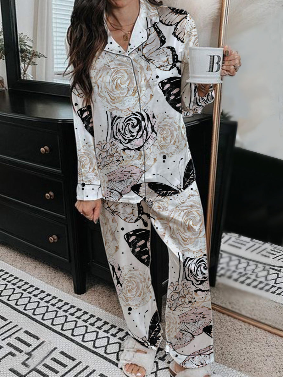 Women's Romantic Floral Butterfly Pattern Long Sleeve Pants Set