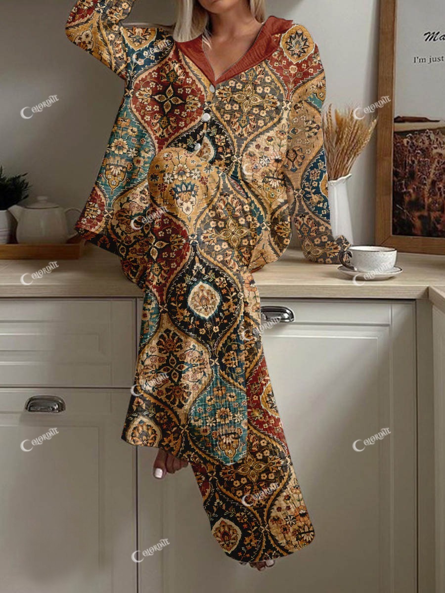 Women's Retro Bohemian Print Comfortable Loose Homewear Set