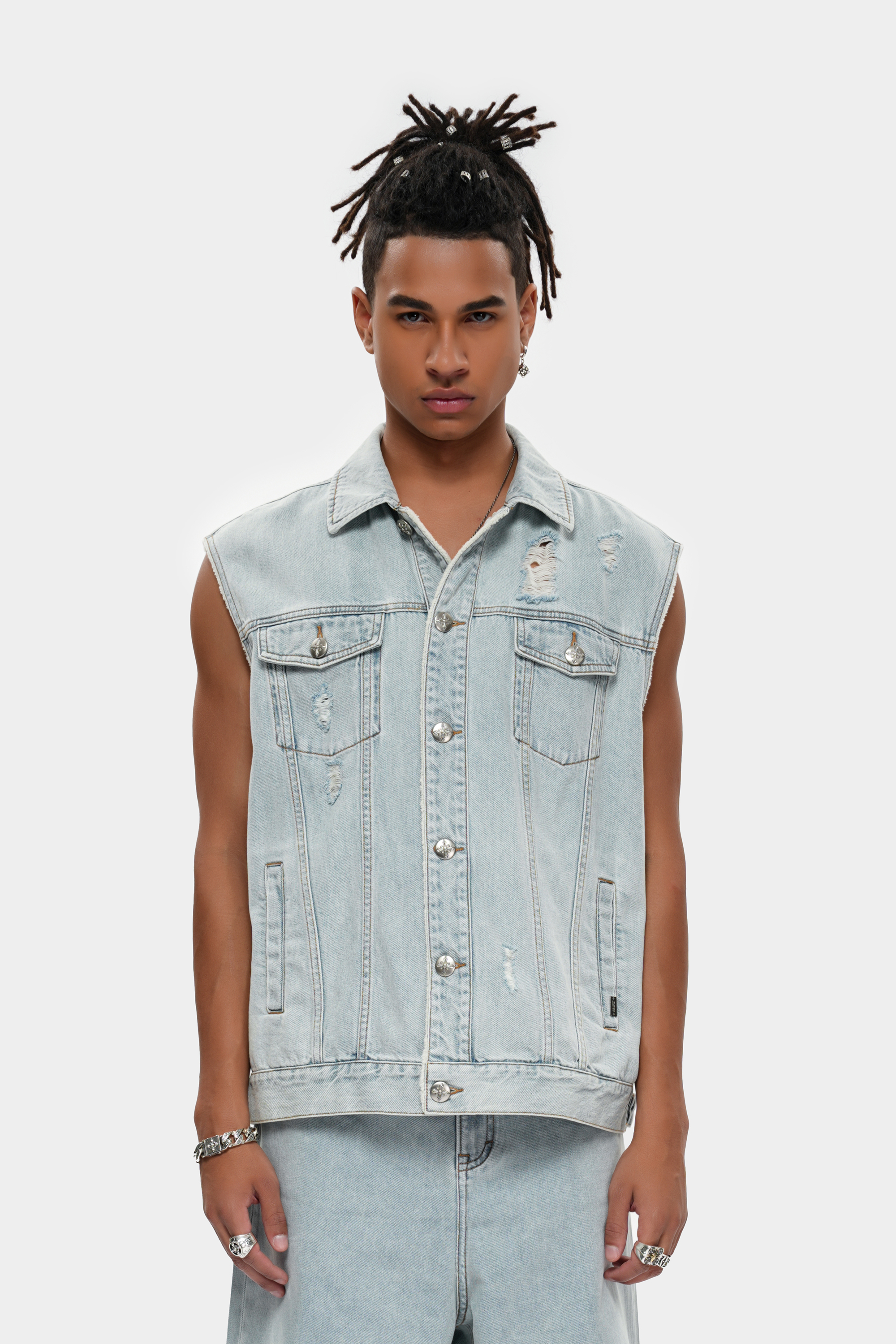 MET in Italy Retro Distressed Washed Denim Vest