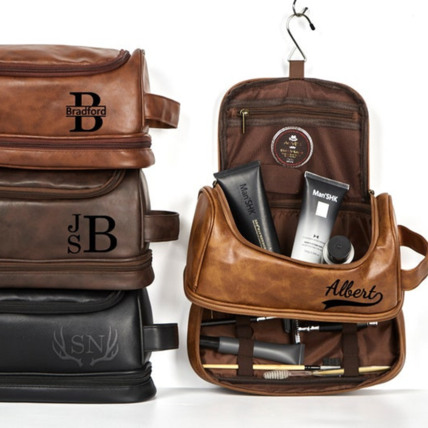 Personalized Leather Monogram Engraved Wash Bag for Unique & Love | JNSBag07