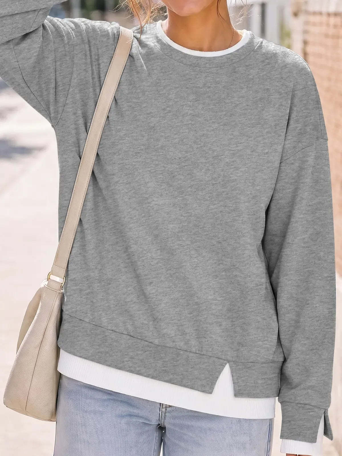 Women Crew Neck Layered Look Striped Patchwork Drop Shoulder Oversized Sweatshirt