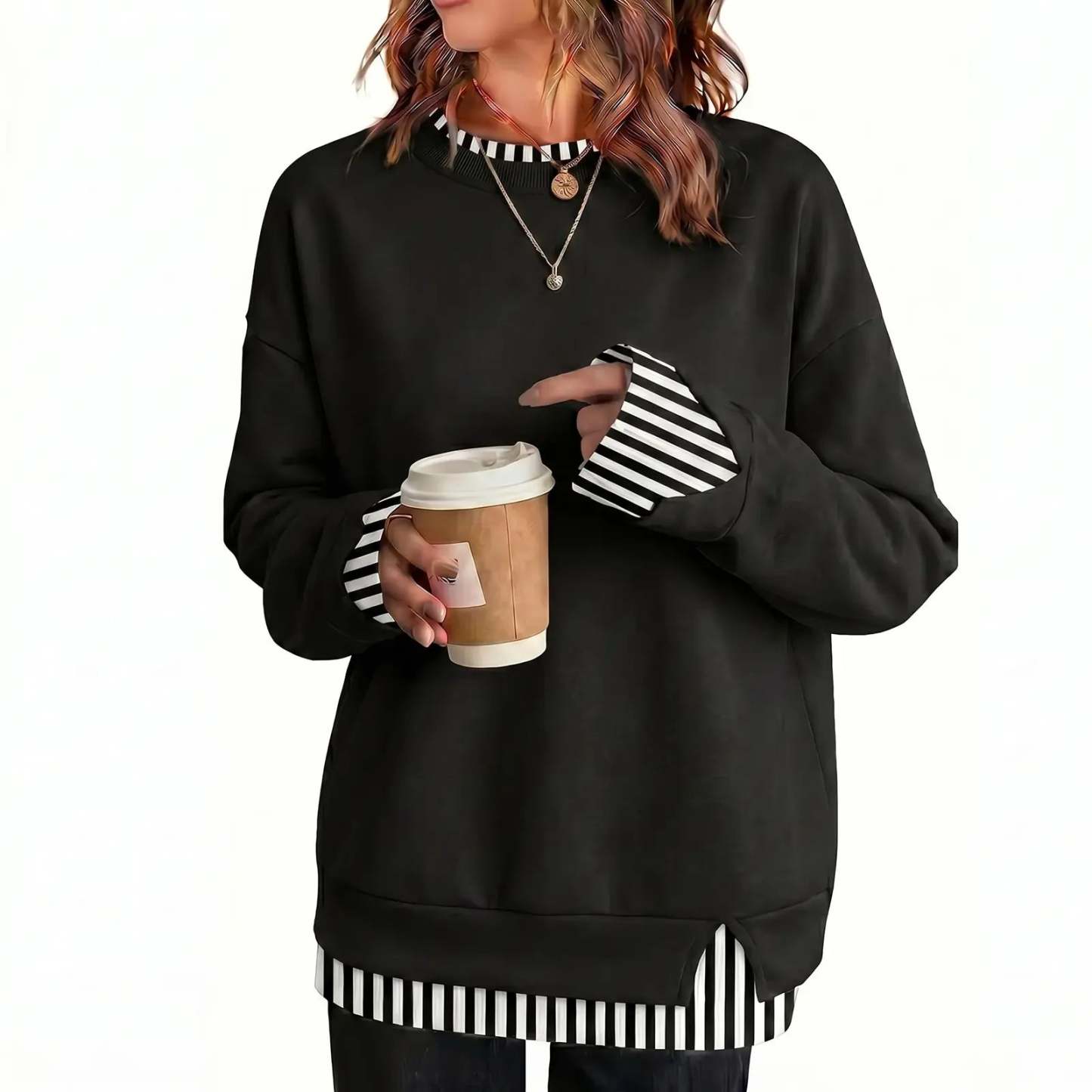 Women Crew Neck Layered Look Striped Patchwork Drop Shoulder Oversized Sweatshirt
