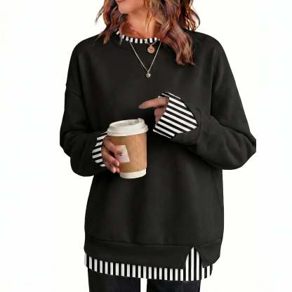 Women Crew Neck Layered Look Striped Patchwork Drop Shoulder Oversized Sweatshirt