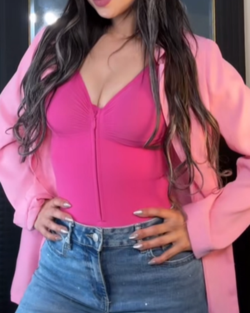 Seamless Zip-Up Thong Snatched Waist Body Suit V Neck Body Shaper