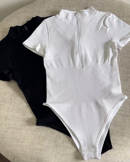 Ribbed Front Zip Short Sleeve Triangle Bodysuit