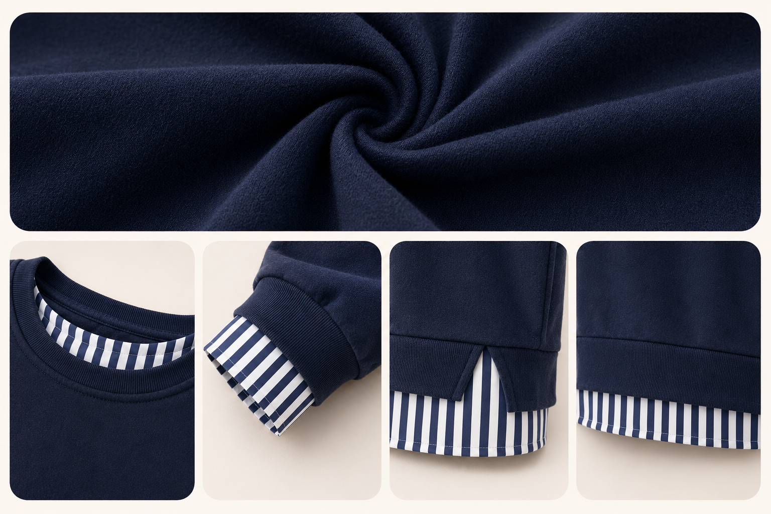 Navy sweatshirt fabric, layered crew neck, striped cuff, side slit and layered hem details