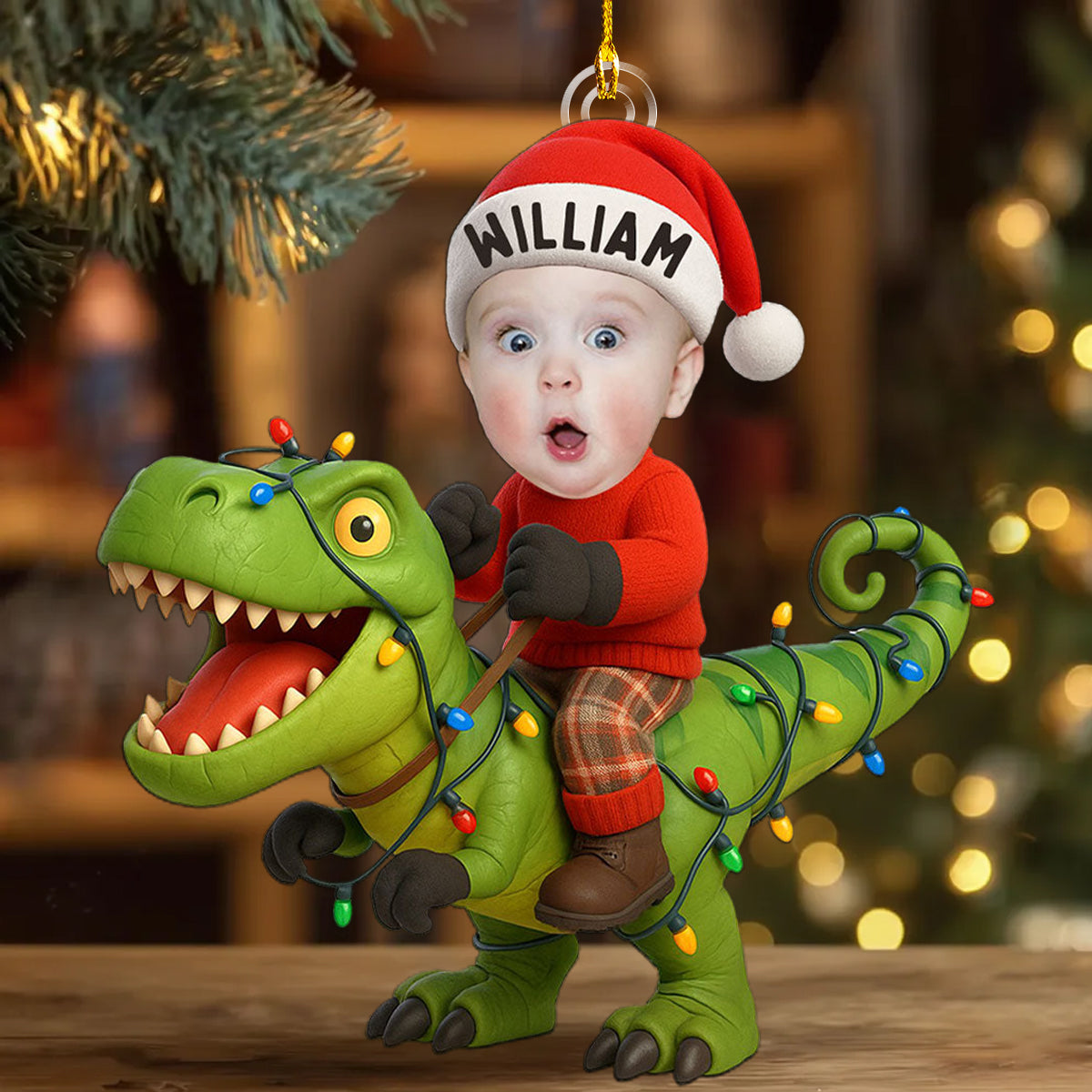 Cute Christmas Dinosaur - Personalized Kid Photo Ornament