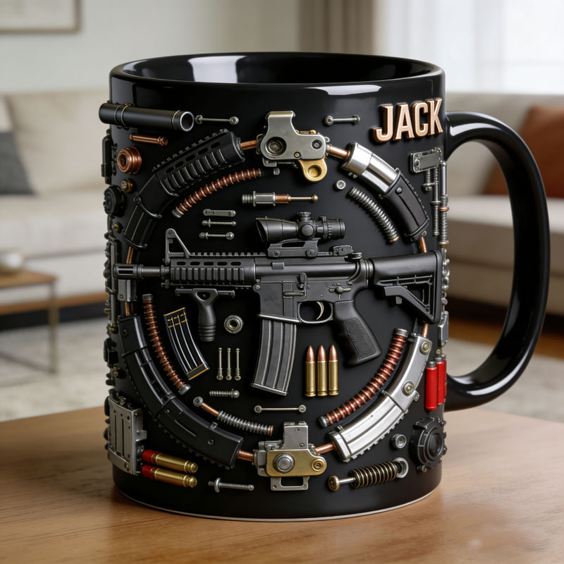 Personalized firearm disassembly diagram themed mug