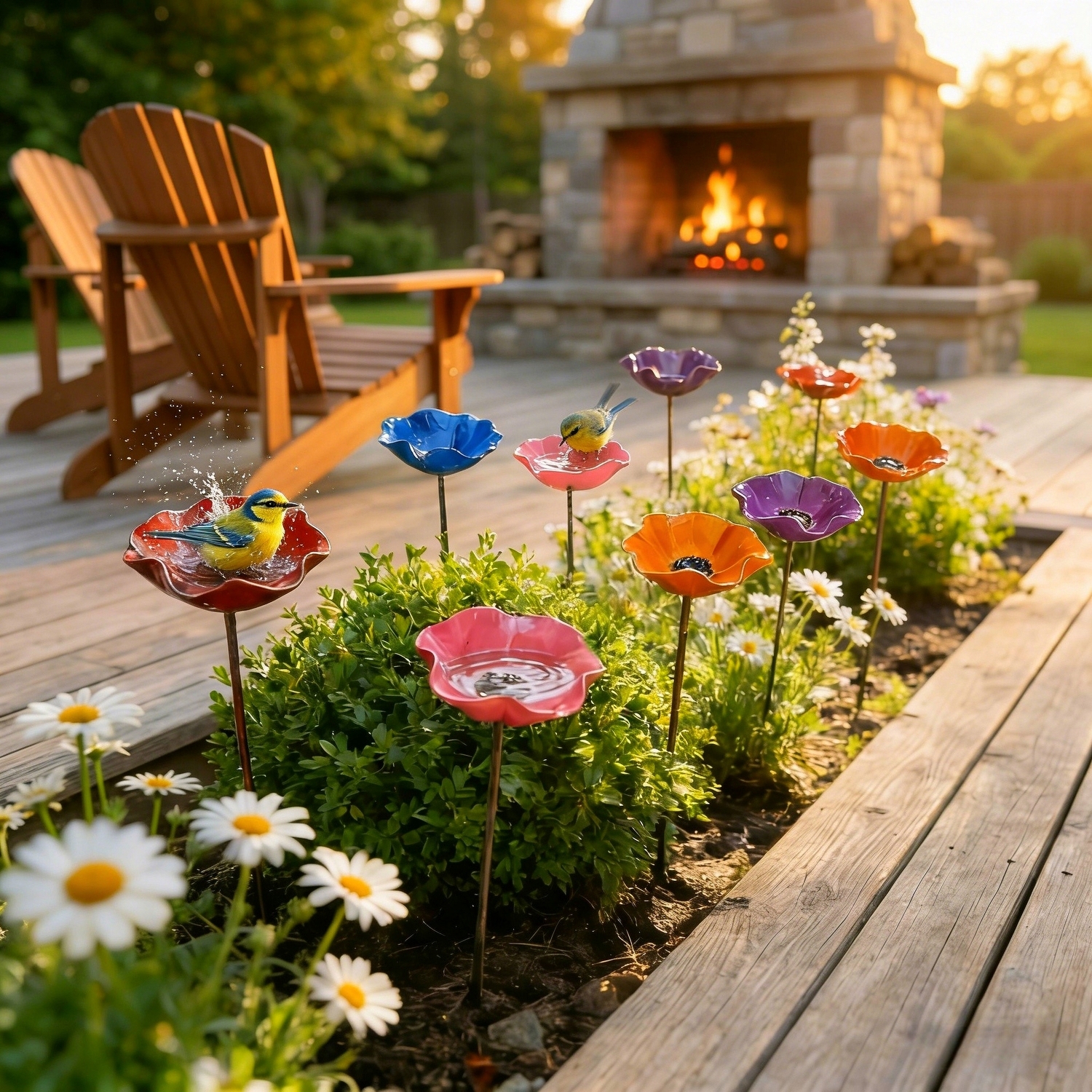Handmade Metal Flower Bird Bath & Pollinator Water Station