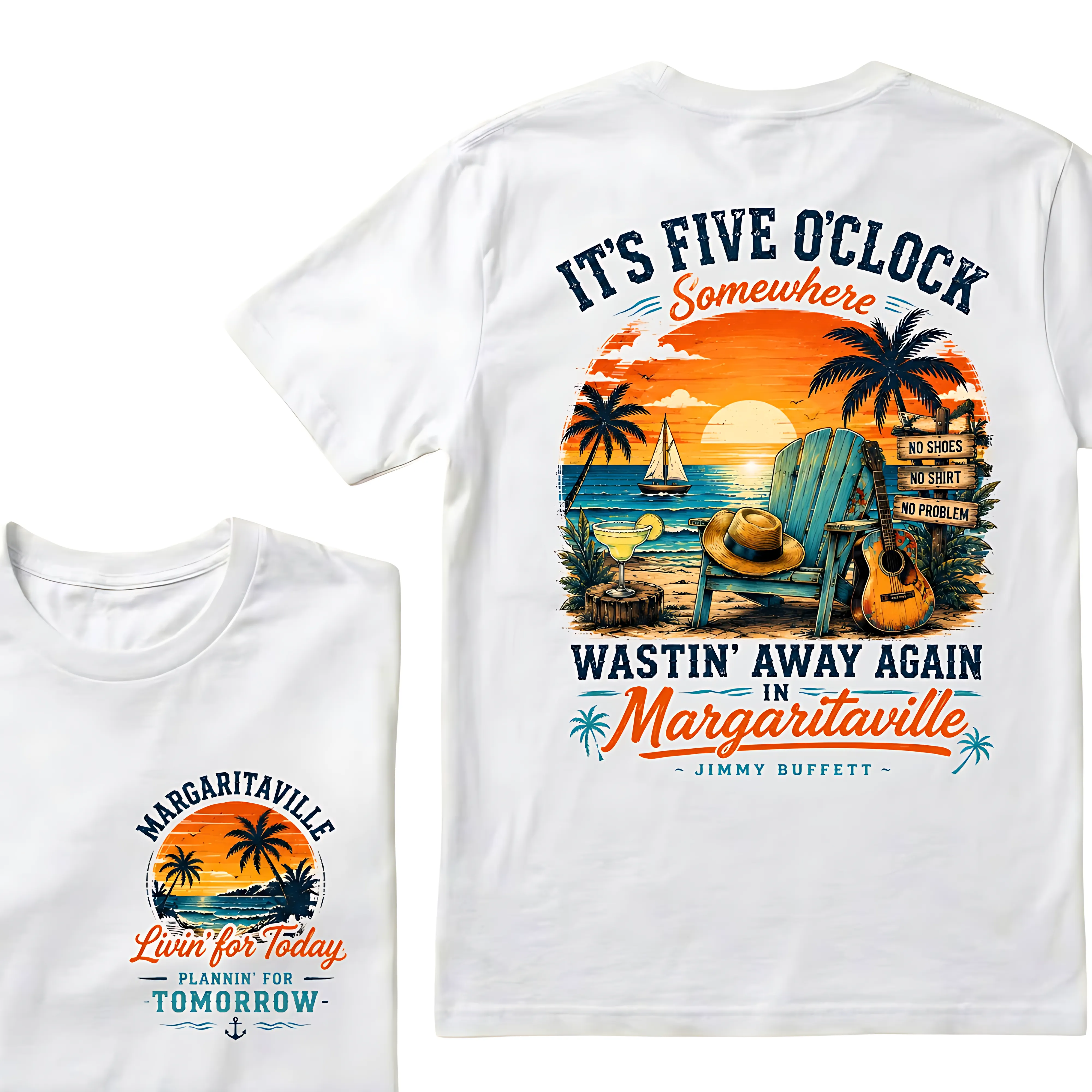 It's Five O'Clock Somewhere Wastin' Away Again In Margaritaville Parrot Guitar Sunset Beach No Shoes No Shirt No Problem Graphic T-Shirt