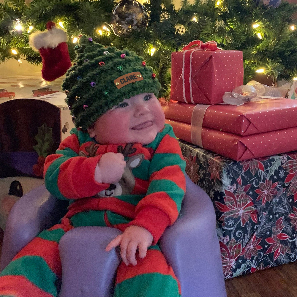 Personalized Leather Patch Christmas Tree Crochet Hat | MCGift51