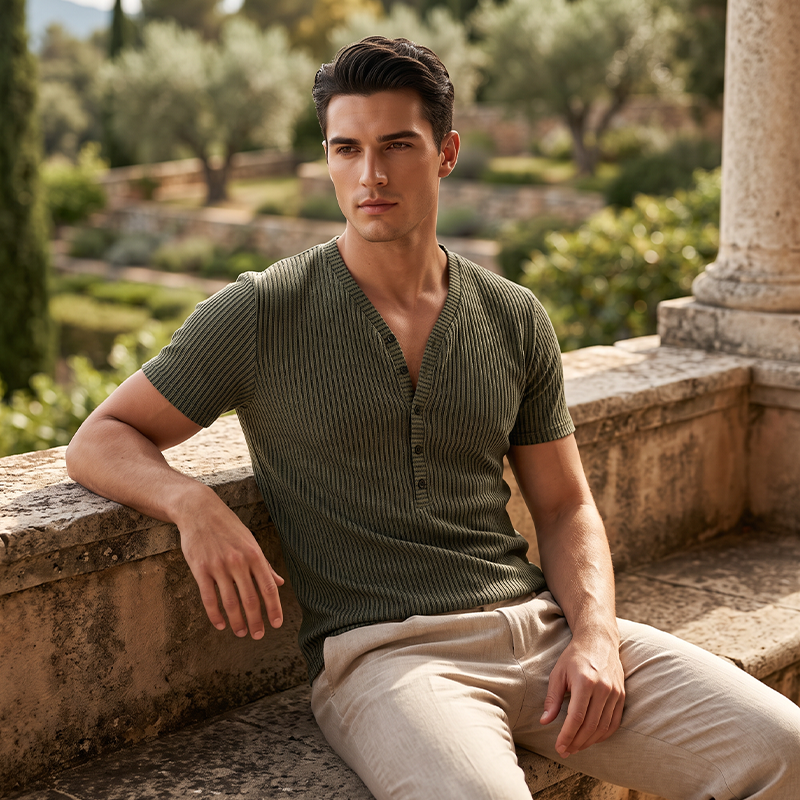 Polyester fabric detail of men's Henley shirt