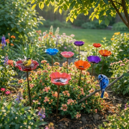 Handmade Metal Flower Bird Bath & Pollinator Water Station
