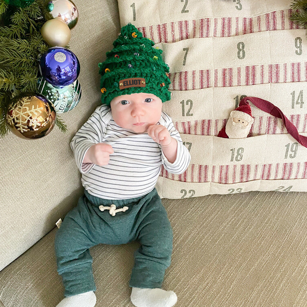 Personalized Leather Patch Christmas Tree Crochet Hat | MCGift51