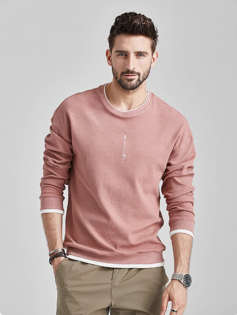 Men's Casual Embroidered Fake Two Piece Crew Neck Sweatshirt