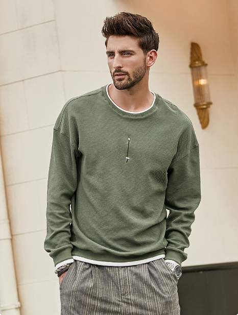 Men's Casual Embroidered Fake Two Piece Crew Neck Sweatshirt