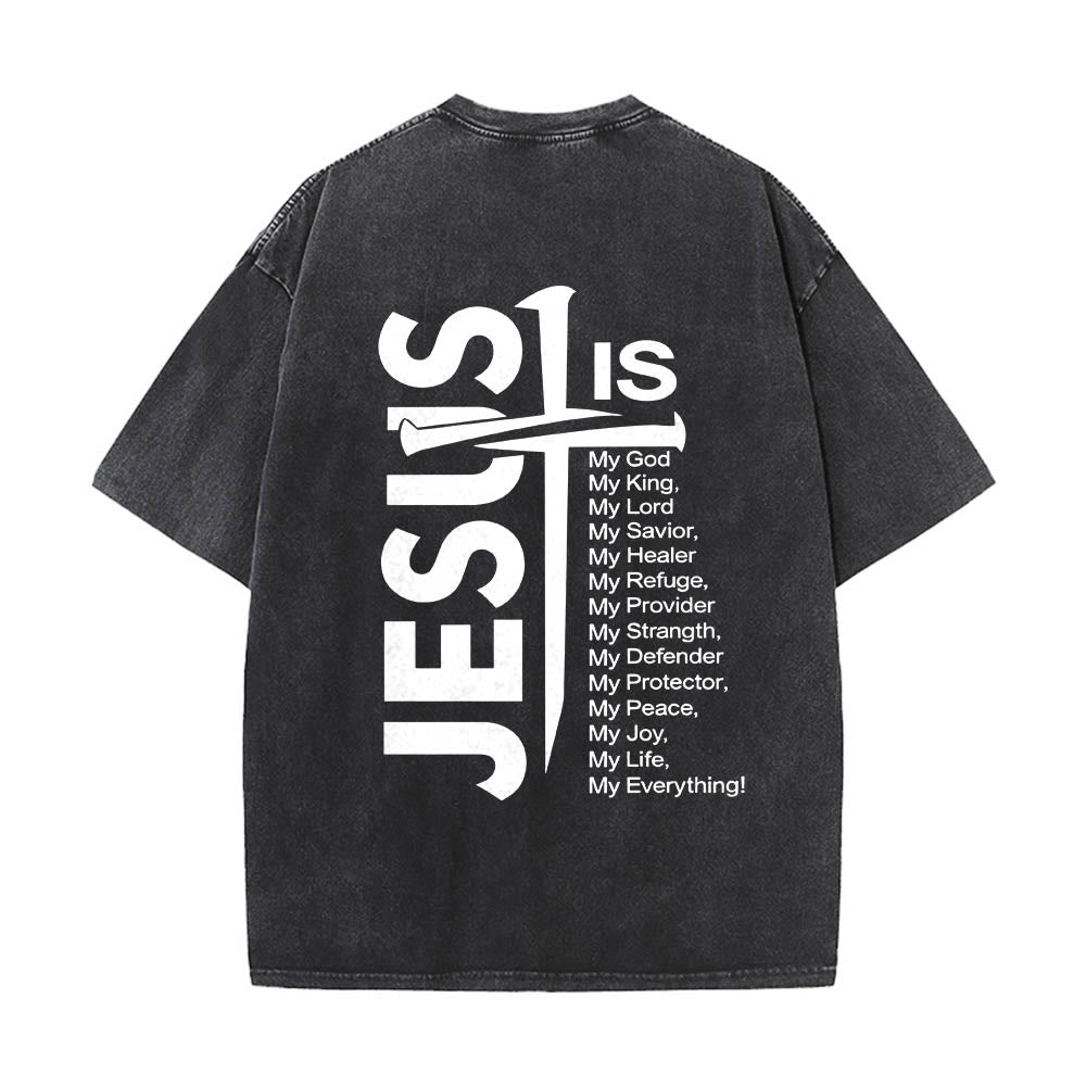 Jesus Cross Attribute List Dual-Side Print Washed T‑Shirt