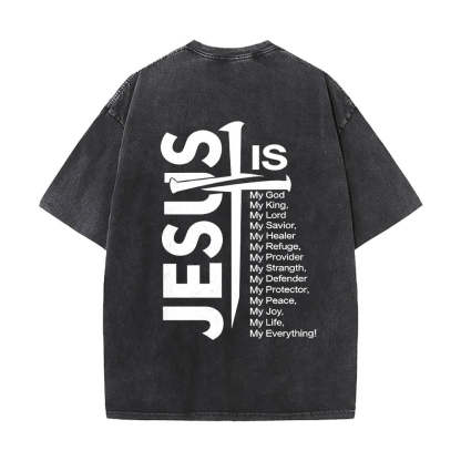 Jesus Cross Attribute List Dual-Side Print Washed T‑Shirt