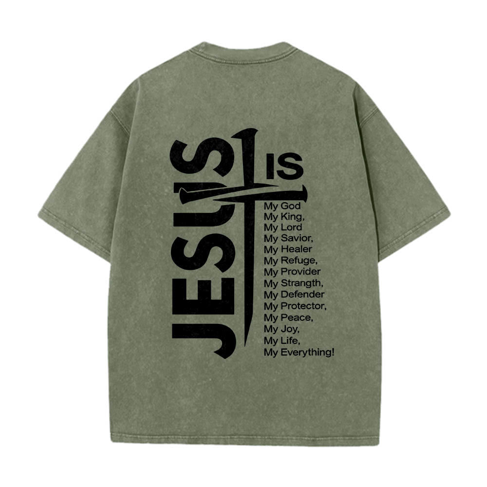 Jesus Cross Attribute List Dual-Side Print Washed T‑Shirt