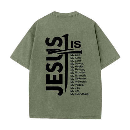 Jesus Cross Attribute List Dual-Side Print Washed T‑Shirt