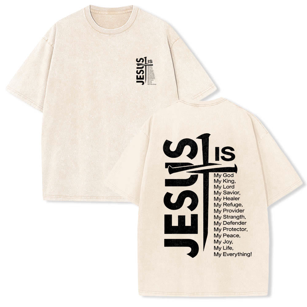 Jesus Cross Attribute List Dual-Side Print Washed T‑Shirt