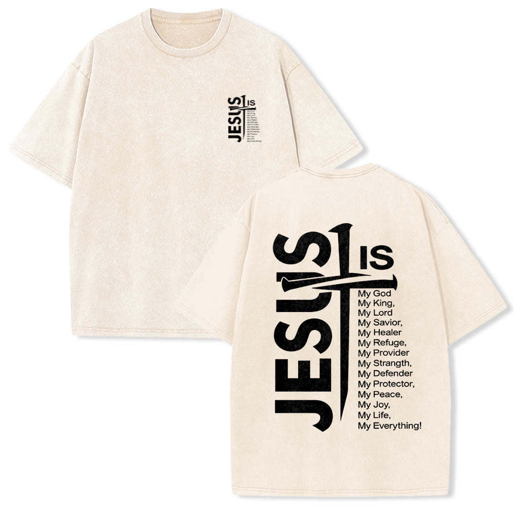 Jesus Cross Attribute List Dual-Side Print Washed T‑Shirt