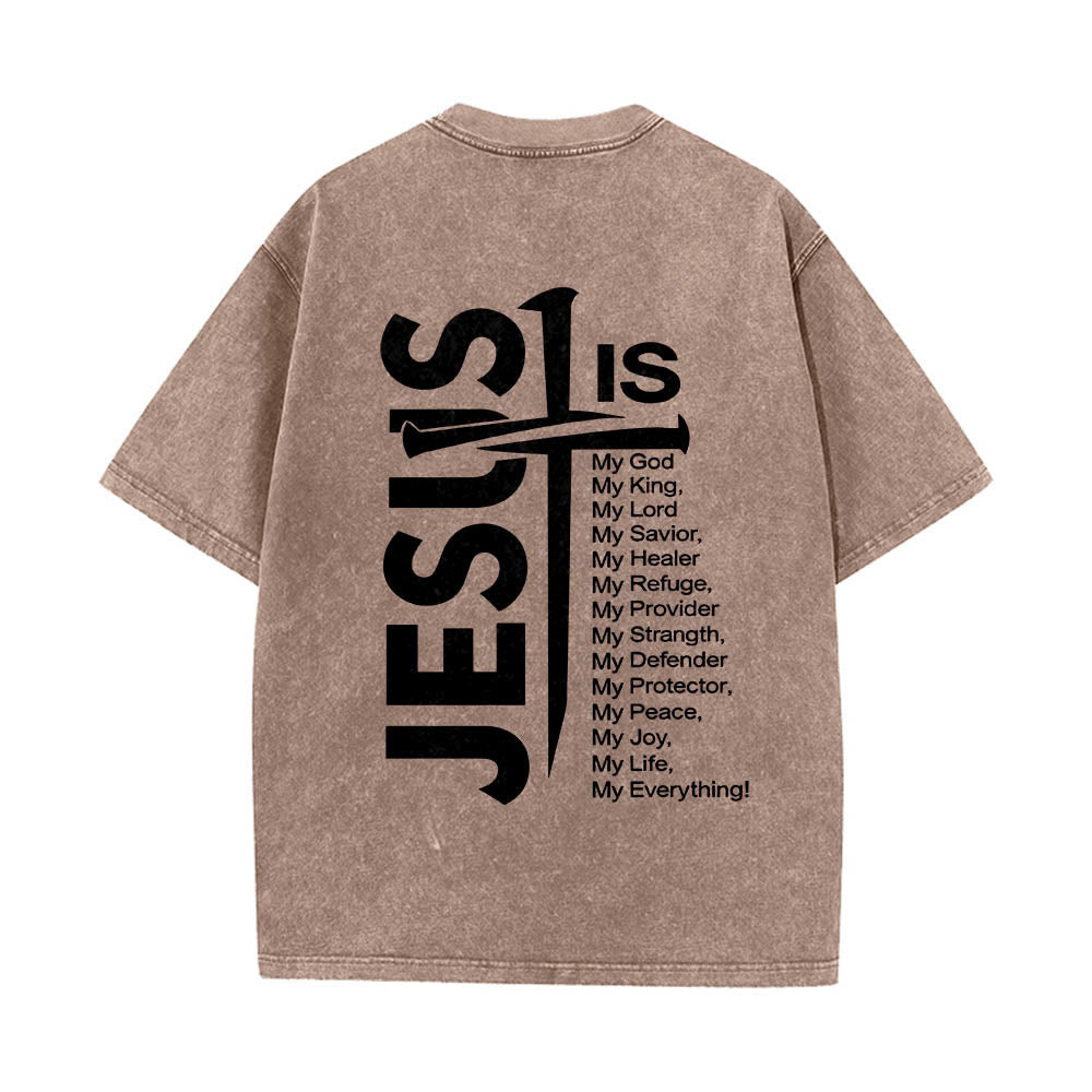Jesus Cross Attribute List Dual-Side Print Washed T‑Shirt