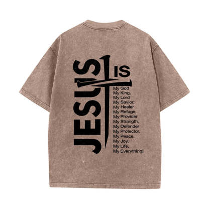 Jesus Cross Attribute List Dual-Side Print Washed T‑Shirt