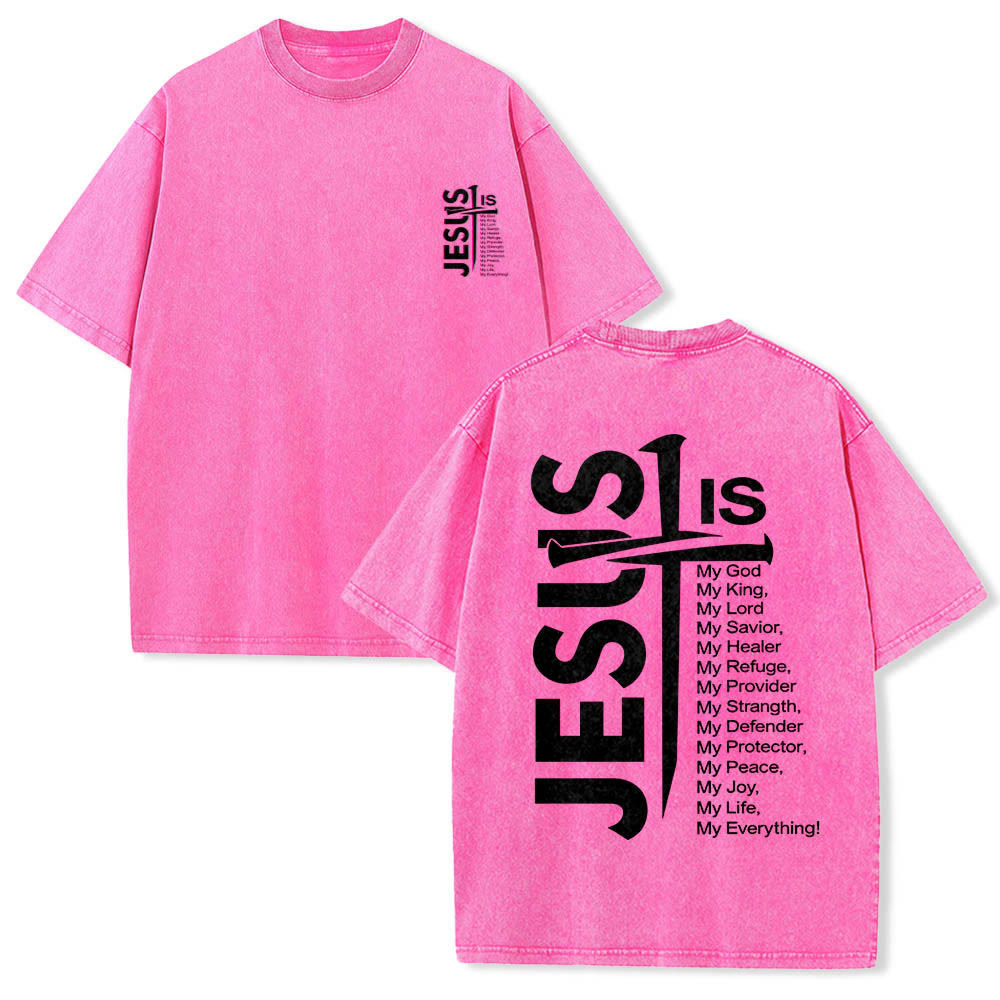 Jesus Cross Attribute List Dual-Side Print Washed T‑Shirt