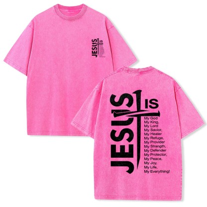 Jesus Cross Attribute List Dual-Side Print Washed T‑Shirt