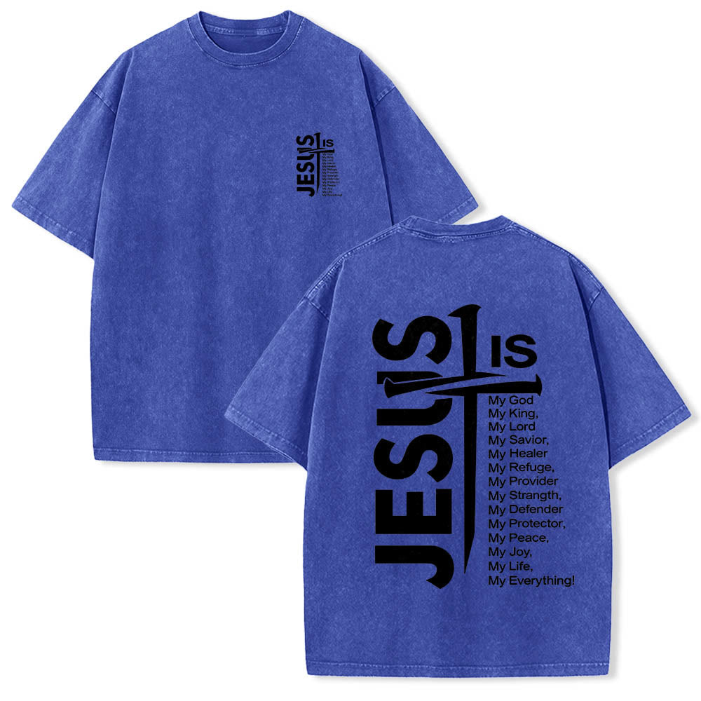 Jesus Cross Attribute List Dual-Side Print Washed T‑Shirt