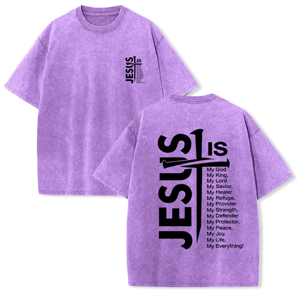Jesus Cross Attribute List Dual-Side Print Washed T‑Shirt