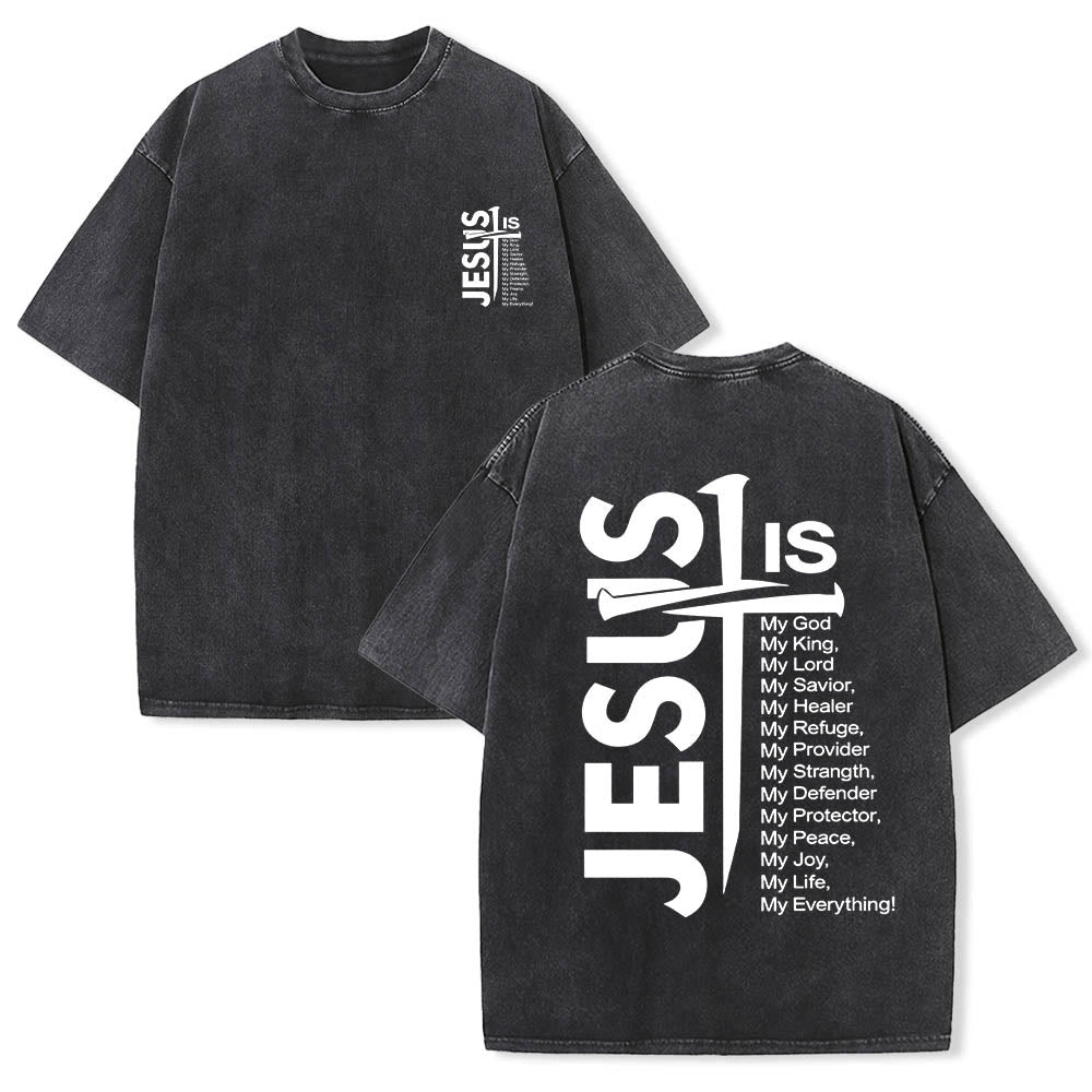 Jesus Cross Attribute List Dual-Side Print Washed T‑Shirt