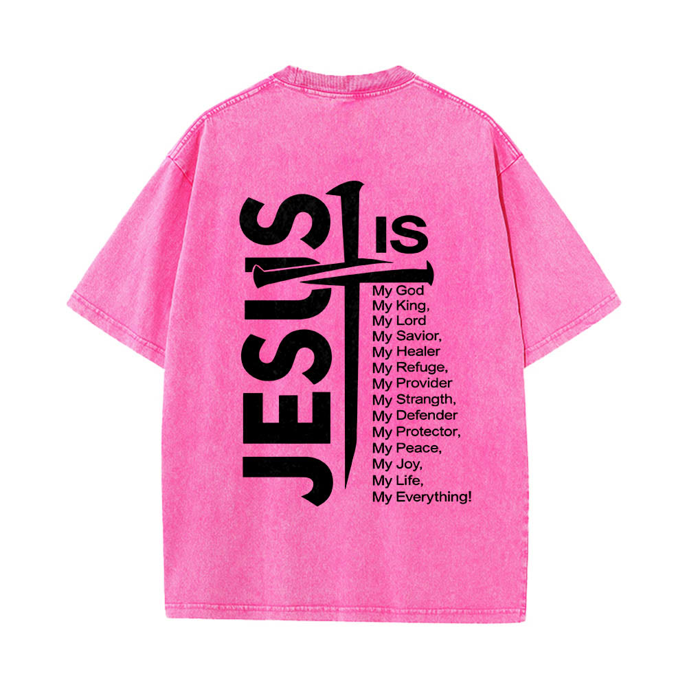 Jesus Cross Attribute List Dual-Side Print Washed T‑Shirt