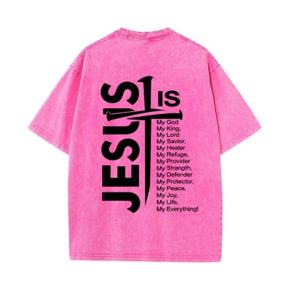 Jesus Cross Attribute List Dual-Side Print Washed T‑Shirt