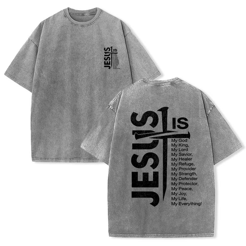 Jesus Cross Attribute List Dual-Side Print Washed T‑Shirt