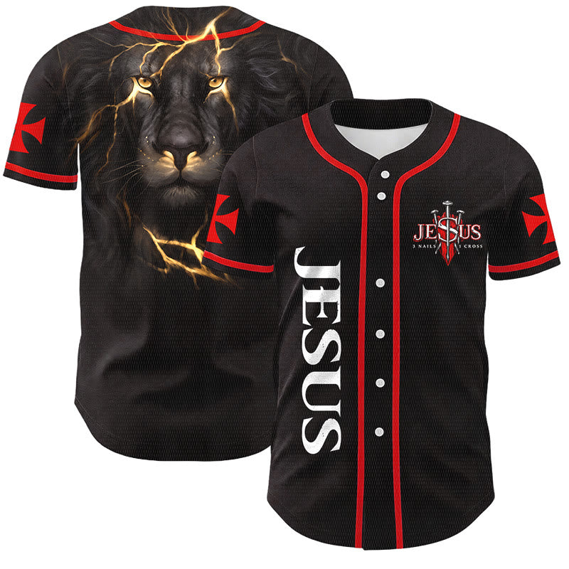 Jesus Nail Cross Emblem Back Lightning Lion Of Judah Portrait Button-Up Baseball Jersey