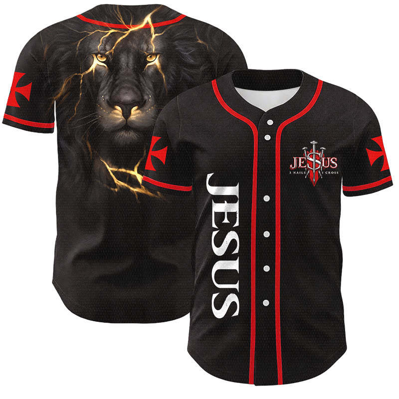 Jesus Nail Cross Emblem Back Lightning Lion Of Judah Portrait Button-Up Baseball Jersey