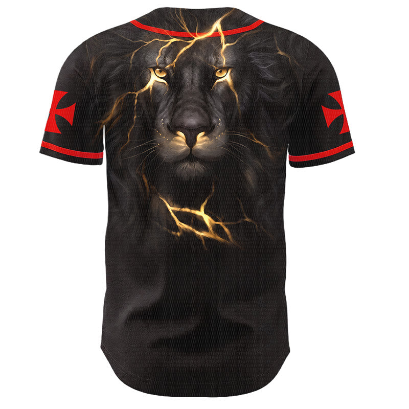 Jesus Nail Cross Emblem Back Lightning Lion Of Judah Portrait Button-Up Baseball Jersey