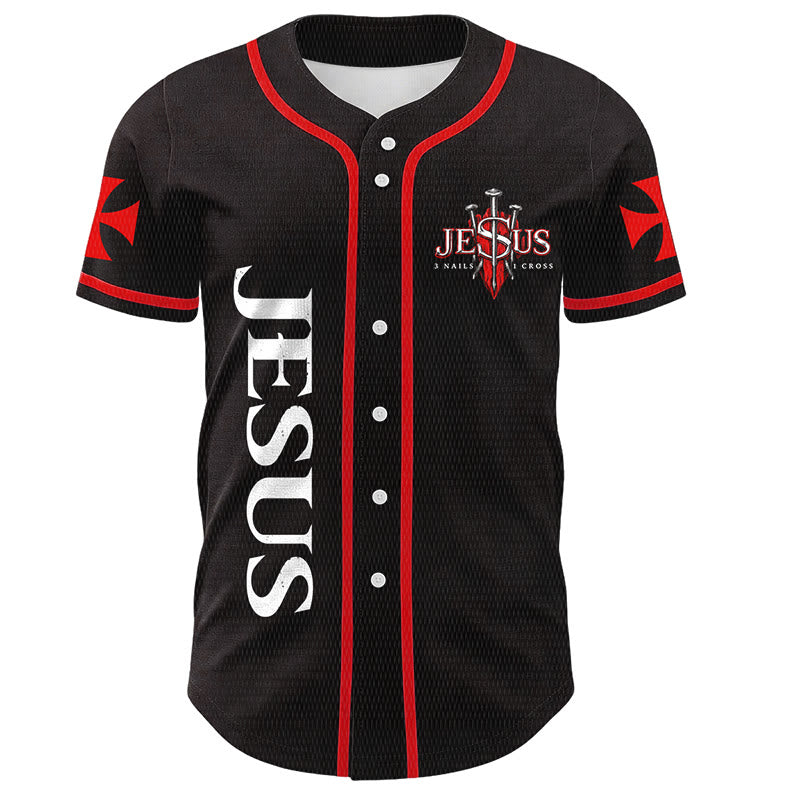 Jesus Nail Cross Emblem Back Lightning Lion Of Judah Portrait Button-Up Baseball Jersey