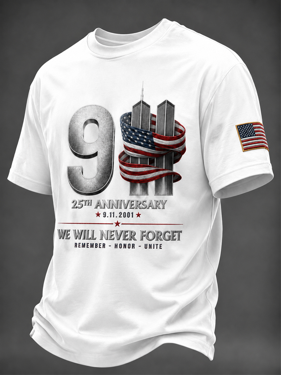 Men's 911 Patriot Day 25th e Will Never Forget T-shirt