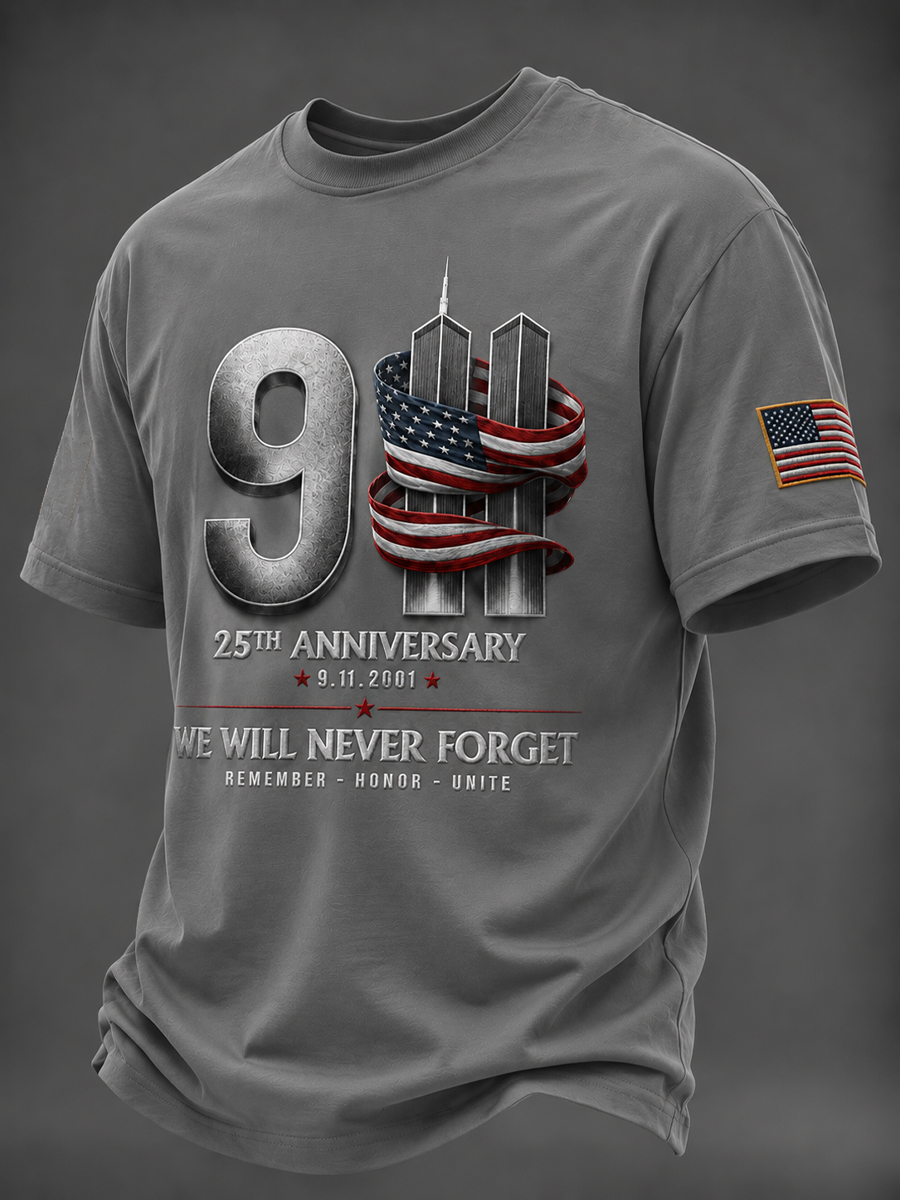 Men's 911 Patriot Day 25th e Will Never Forget T-shirt