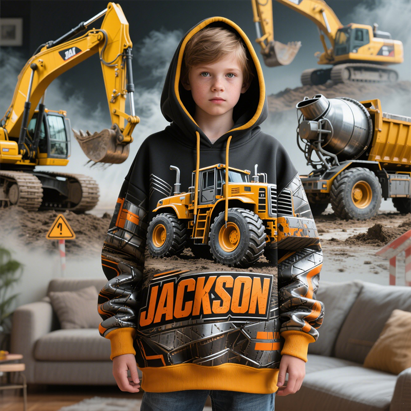 Customized Children's Excavator Construction Vehicle Theme Cool Hoodie